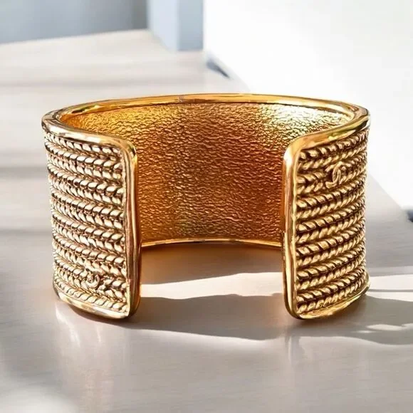 Chanel Gold Plated Textured Cuff Bracelet - Picture 2 of 7